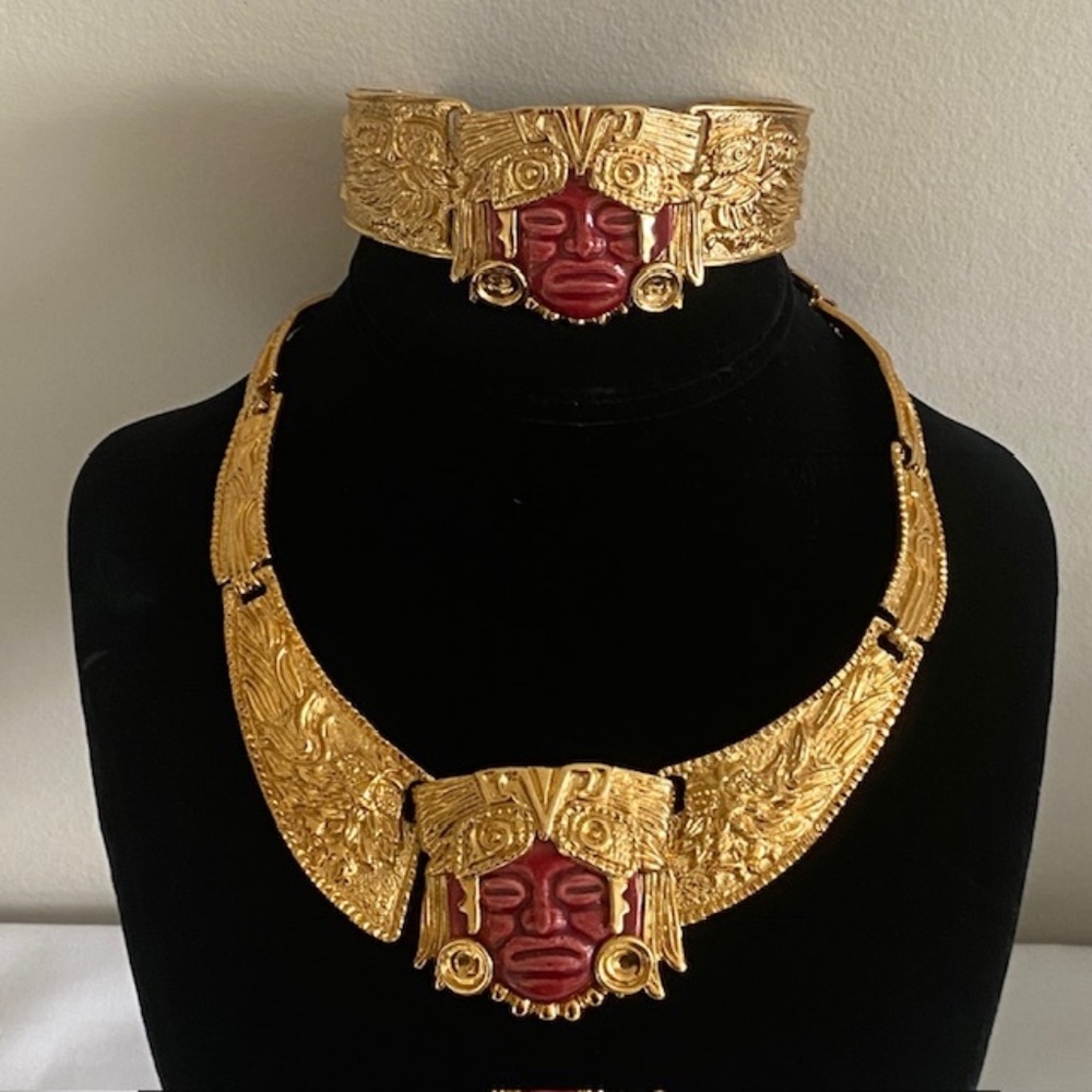 Signed Salvador Marbel Mexico 22K Gold Plated Mayan Carved Ceramic Face Set
